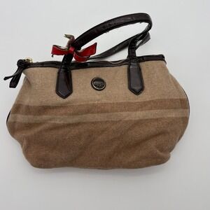 VTG COACH Wool Blend Stripe Satchel Handbag Brown Leather Trim Red Bow Detail